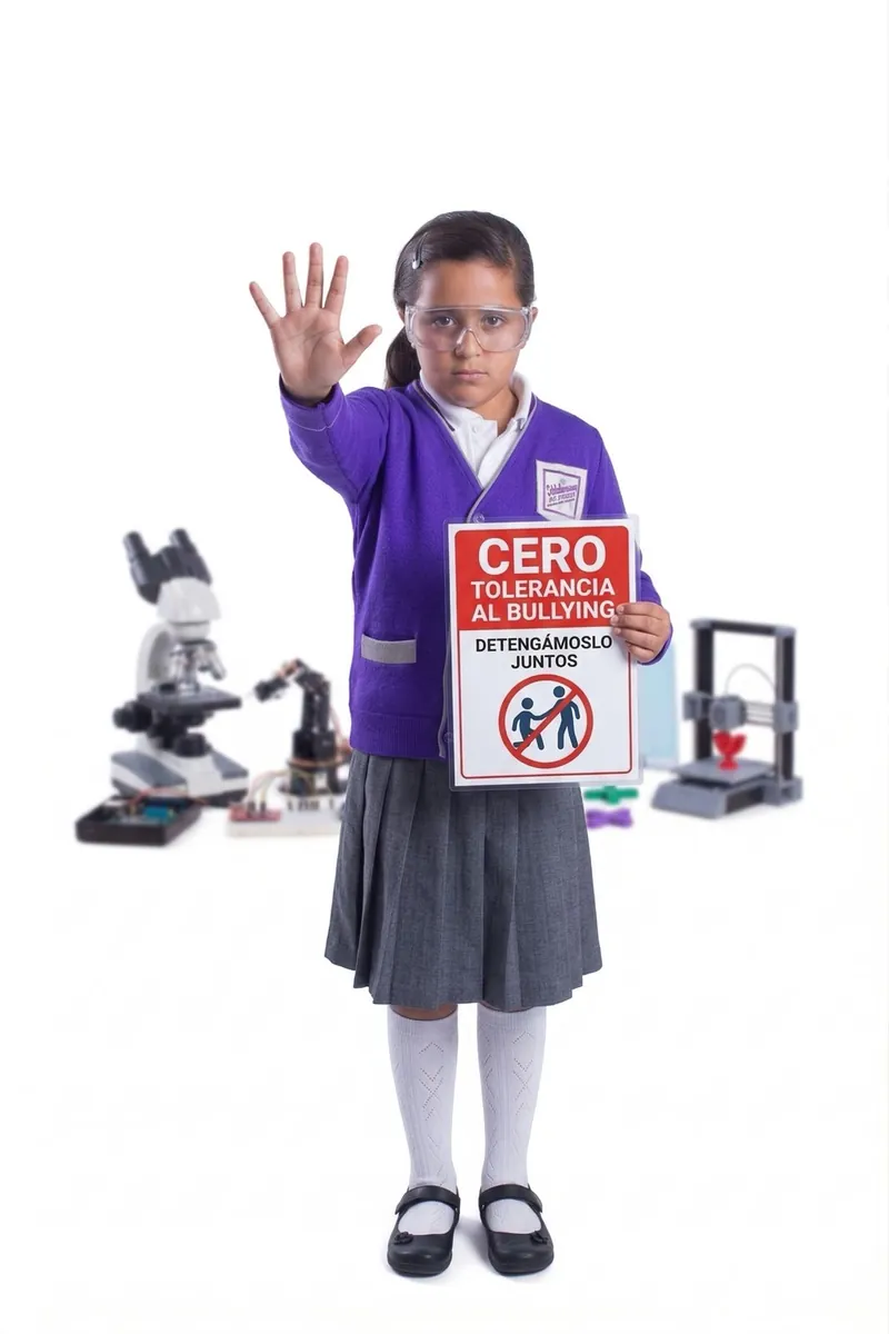 Alumna de Colegio Banting con letrero Cero Tolerancia al Bullying, programa de psicopedagogía preventiva